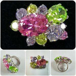 Silver Multi Colored CZ Cocktail Ring Size 6